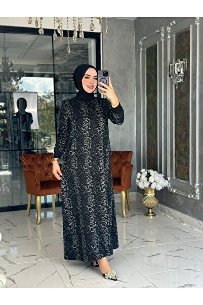 Zümra Tesettür Moda Leopar Elbise-siyah Beden 1-40-42