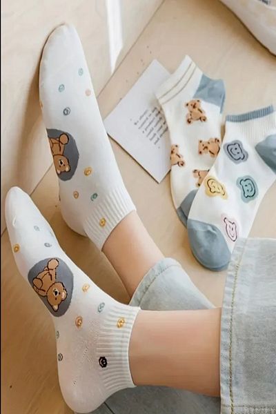 Esinti 5 Pairs Women's Ankle Length Multicolor Jelly Bean Teddy Bear Pattern Booties Socks Set 5 Pieces