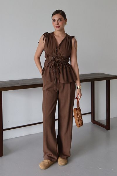 Laluvia Brown 100% Cotton Shoulder Waist Shirred Blouse Trousers Set - 8612