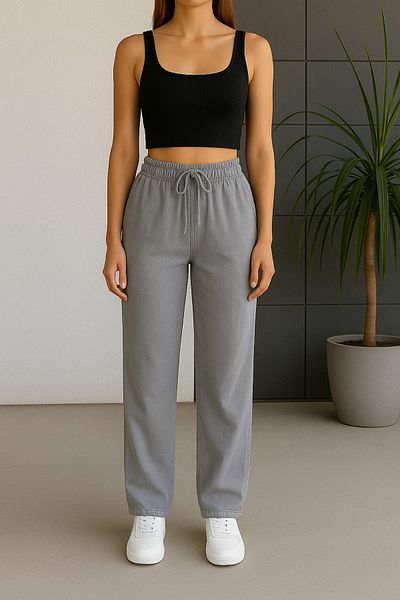 freemen Women's High Waist Gray Gabardine-Linen Textured Trousers – Breathable Fabric, 4 Seasons