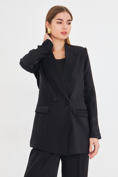 upse Kadın Siyah Işıltılı Kruvaze Ceket Pantolon Takım