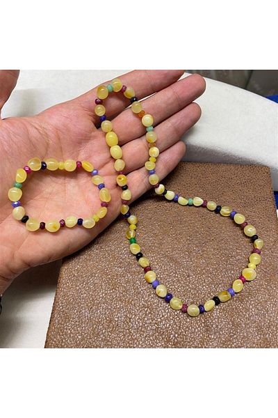 dergah tesbih Baby Teeth Necklace and Bracelet Set Drop Amber