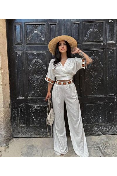 FEMİNEER.com Cropped Pants Suit with Embroidered Double-Breasted Collar and Belt