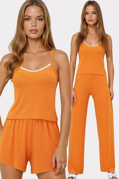 VAGGON Women's Orange Rope Strap Lace Detailed Blouse, Shorts and Trousers 3 Piece Set Pajama Set Pjmx13917