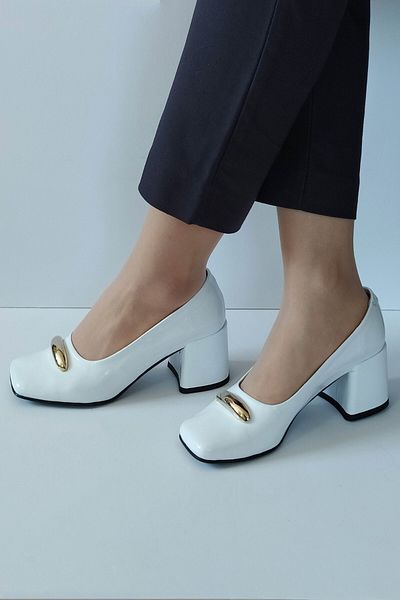 ERS Air Comfort Women's White Patent Leather Genuine Leather Classic Heeled Shoes Blunt Toe Gold Buckle Detailed