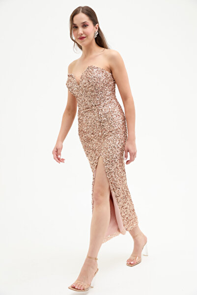 Lafaba Rochie de seară midi cu paiete cu paiete aurii pentru femei