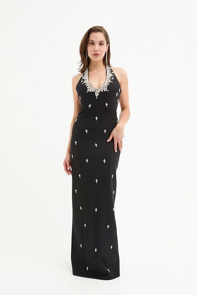 Lafaba Women's Black Halter Neck Stone Long Evening Dress