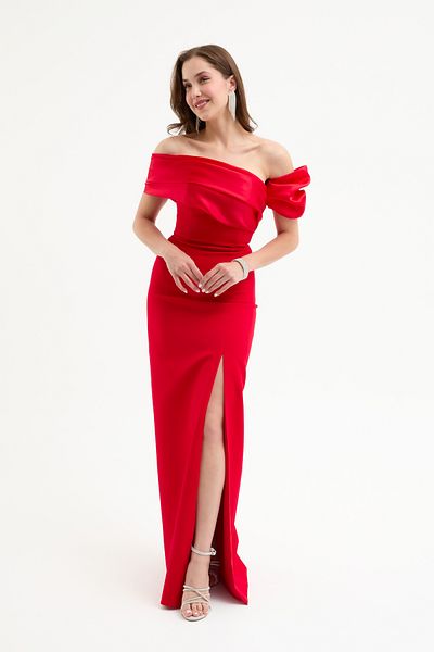 Lafaba Women's Red Collar Detailed Slit Long Evening Dress