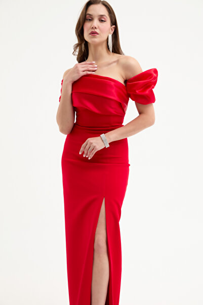 Lafaba Women's Red Collar Detailed Slit Long Evening Dress