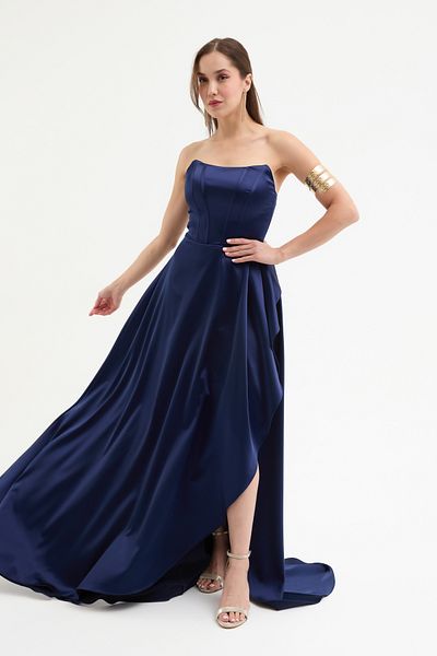 Lafaba Women's Navy Blue Strapless Underwire Corset Detail Long Evening Dress