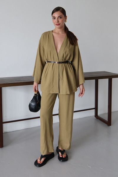 Laluvia Khaki Belted Classy Suit - 8694