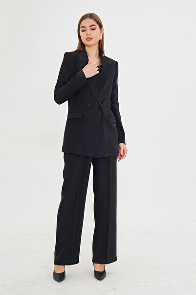upse Kadın Siyah Işıltılı Kruvaze Ceket Pantolon Takım