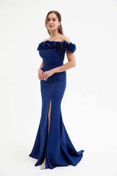 Lafaba Women's Navy Blue Floral Detail Slit Long Evening Dress