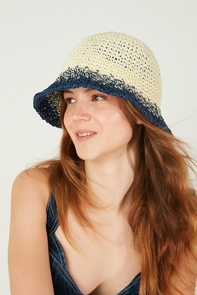 Axesoire 14404 Hand Knitted Ecru Navy Blue Straw Hat