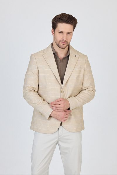 Frappoli Ανδρικό μπεζ καρό λινό Mendey με λεπτή εφαρμογή Sports Blazer Jacket