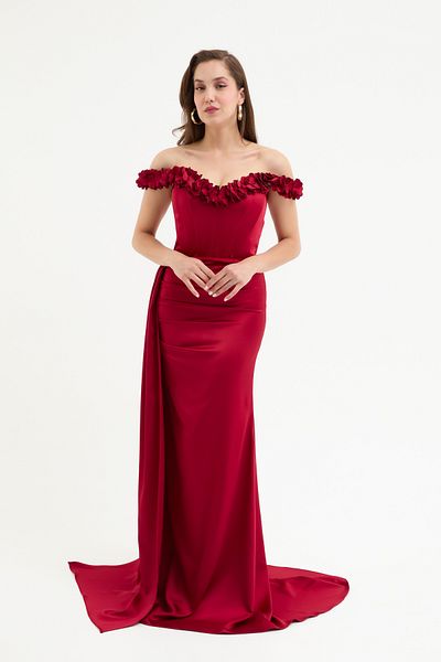 Lafaba Women's Burgundy Collar Floral Long Satin Evening Dress
