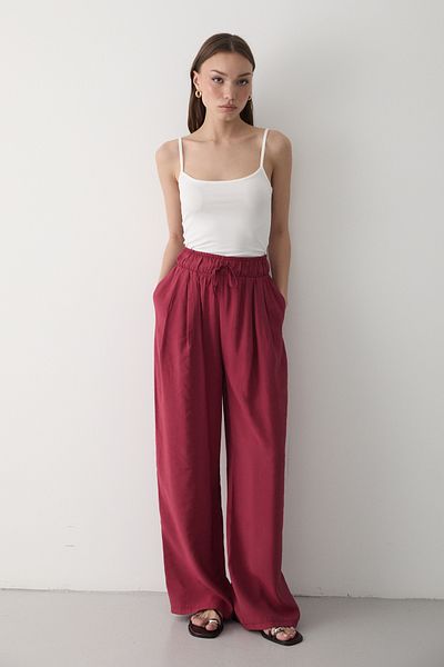 JASTE Women's Burgundy Elastic Waist Wide Leg Palazzo Trousers