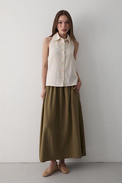 JASTE Women's Beige Collared Zero Sleeve Linen Blouse with Open Elastic Back