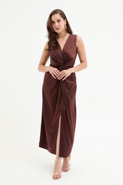 Lafaba Women's Brown Knot Detailed Midi Satin Dress