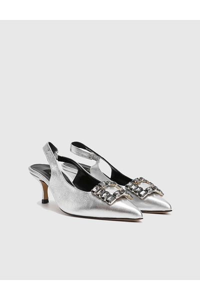 İLVİ Varela Genuine Leather Women's Silver Color Heeled Sandals