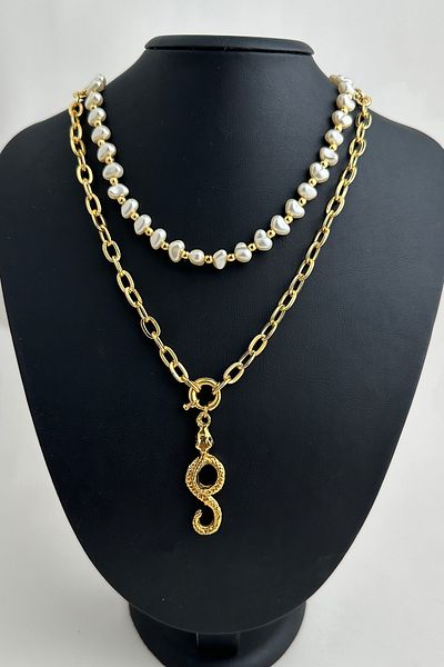 Modex Gold Color Snake Figured Pearl Necklace
