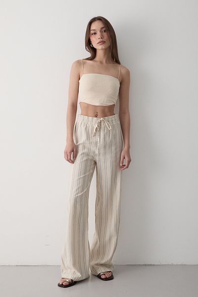 JASTE Women's Black Striped Linen Trousers with Elastic Waist
