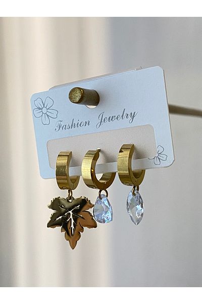 Çelik 3-Piece Crystal Stone Leaf Steel Earrings