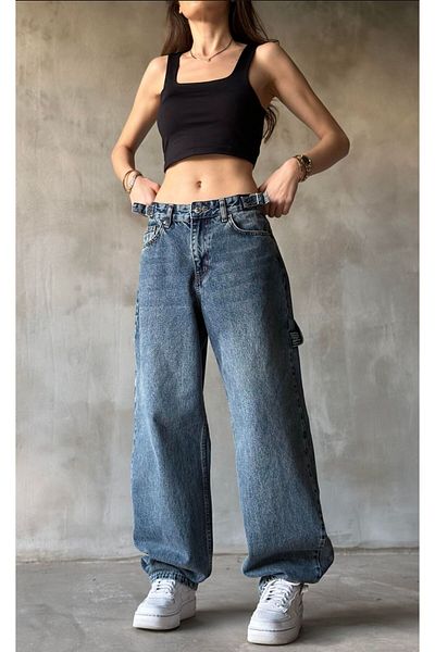 LAMİRAMOOD With Tint Spray Double Belt Side Epaulet Wide Leg Baggy Women's Summer Pants Super High Waist Summer