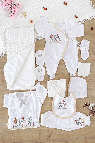 Sitilin Baby Girl Newborn Embroidered Fancy Natural Muslin 10 Piece Luxury Hospital Release Bodysuit Set Stl6998