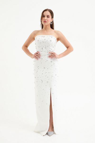 Lafaba Women's White Strapless Stone Long Evening Dress