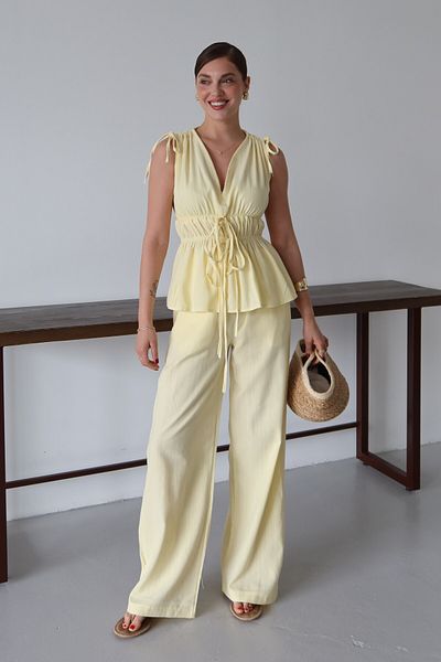 Laluvia Yellow 100% Cotton Shoulder Waist Shirred Blouse Trousers Set - 8612
