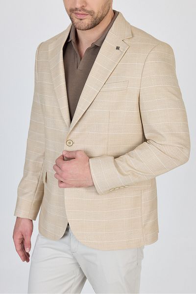 Frappoli Ανδρικό μπεζ καρό λινό Mendey με λεπτή εφαρμογή Sports Blazer Jacket