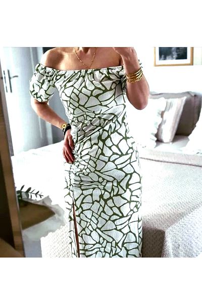 atelyu Women Marble Pattern Black and White Summer Dress with Slit Detail
