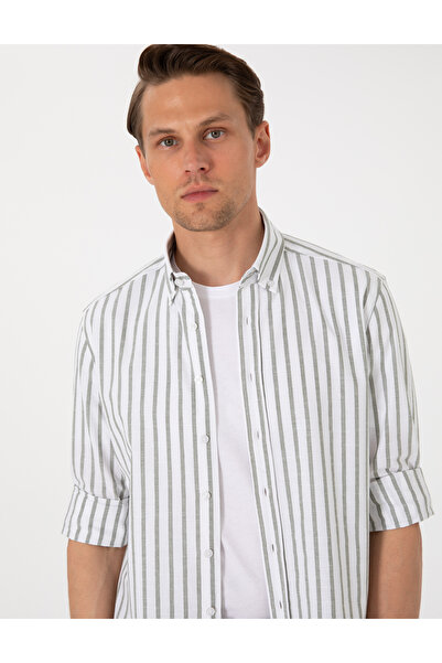 Pierre Cardin Haki Regular Fit Çizgili Uzun Kollu Gömlek 50307093-VR027