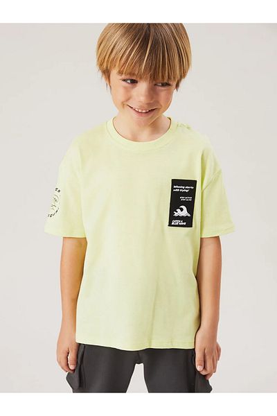 LC Waikiki Lcw Kids Green-White Crew Neck Printed Boys T-Shirt