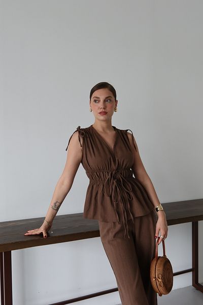 Laluvia Brown 100% Cotton Shoulder Waist Shirred Blouse Trousers Set - 8612