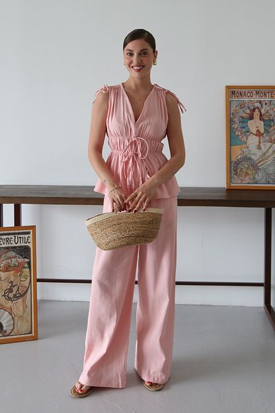 Laluvia Rosa Blusen-Hosenanzug aus 100 % Baumwolle mit geraffter Schulter und Taille – 8612