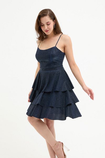 Lafaba Women's Navy Blue Thin Strap Backless Glitter Mini Graduation Dress