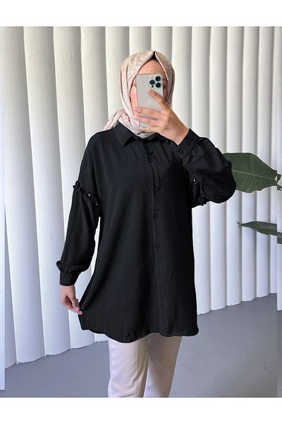 Modamorfo Casual Ayrobin Tunic with Ruched Sleeves and Stones -Black
