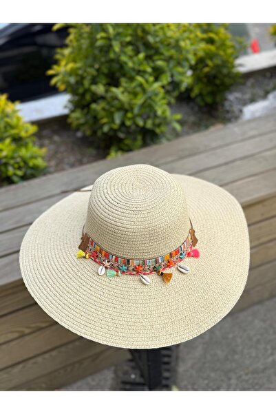 Axesoire 14232-22 Μπεζ φαρδύ ψάθινο καπέλο με αξεσουάρ από κοχύλια