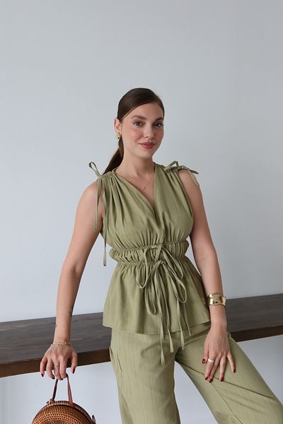 Laluvia Çağla Blusen-Hosenset aus 100 % Baumwolle mit geraffter Schulter und Taille – 8612