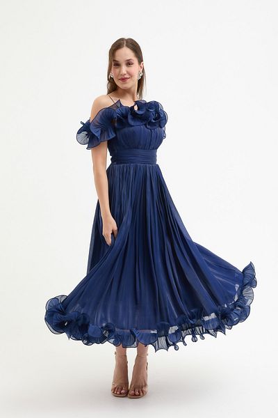 Lafaba Women's Navy Blue Collar Detail Midi Evening Dress