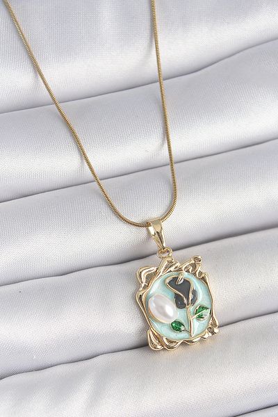 NEZADE STORE 316L Steel Gold Color Chain Blue Enamel Flower Embroidered Pearl Detail Portrait Model Women's Necklace - Lisinya