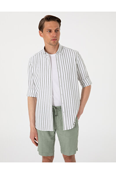 Pierre Cardin Haki Regular Fit Çizgili Uzun Kollu Gömlek 50307093-VR027