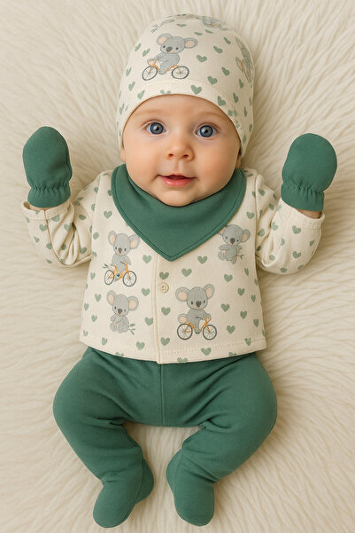 Linda Harris Koala on a Bicycle Pattern Zümrüt Yeşil 5’li Yenidoğan Unisex Be...