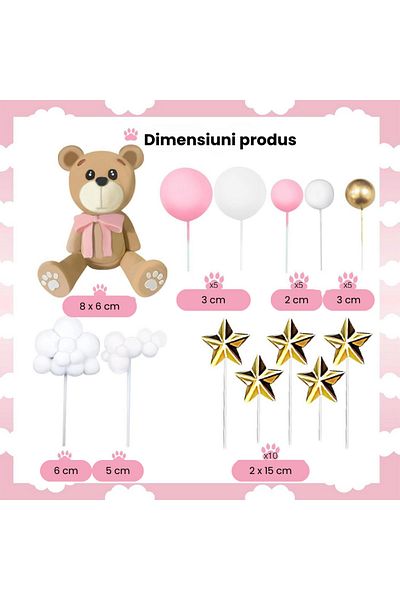 HASEPE Set of 38 HASEPE Pink Teddy Bear Cake Topper Decorations, for Baptism and Baby Shower, for Special