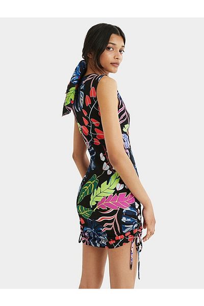 Desigual Karin short viscose dress with side cords for length adjustment, Multicolor, XL