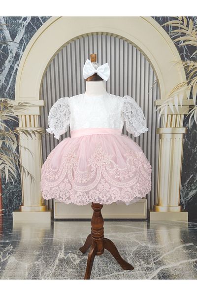 Hobidik Pink French Lace and Bow Detailed Baby Fluffy Dress