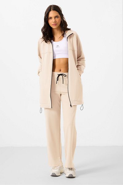 TOMMY LIFE Ecru Stand Collar Zippered Cotton Women's Tracksuit Tunic Set - 95346