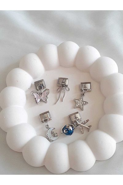 bijoux uniques 5-Piece Italian Charm with Steel Butterfly&Star&Moon&World&Bow Figure